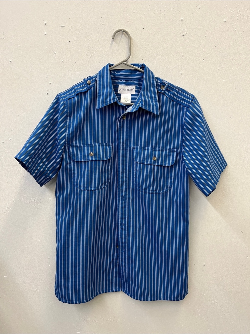 John Blair Blue Vertical-Striped Short Sleeve Button-Down Shirt